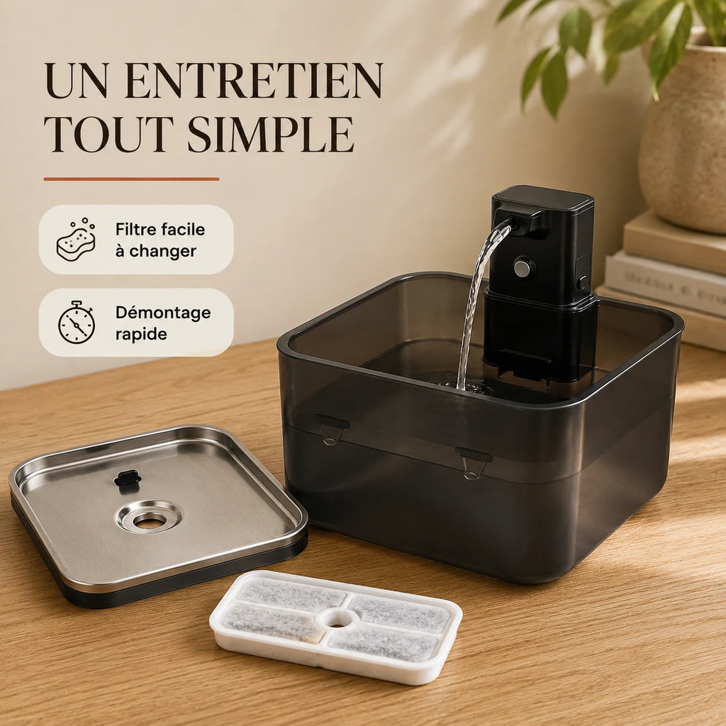 Fontaine inox noir démontée avec sa cartouche de filtre