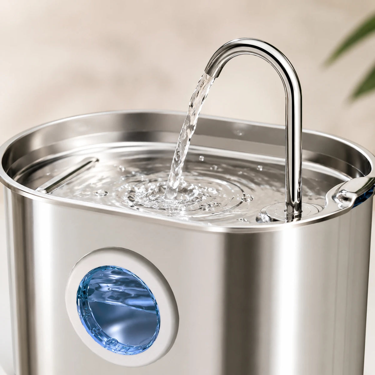 Fontaine inox ovale bec robinet à hublot LED 2,2 L - filet d'eau en marche