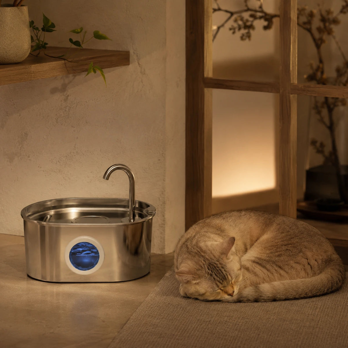 Fontaine inox ovale bec robinet à hublot LED 2,2 L - silencieuse, chat qui dort