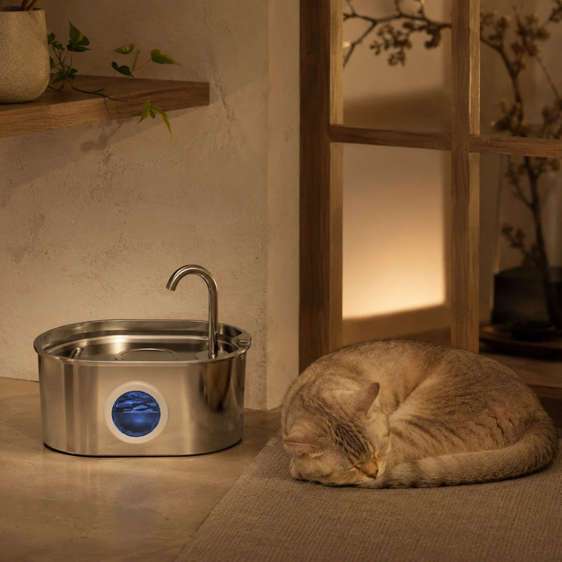 Fontaine inox ovale bec robinet à hublot LED 2,2 L - silencieuse, chat qui dort