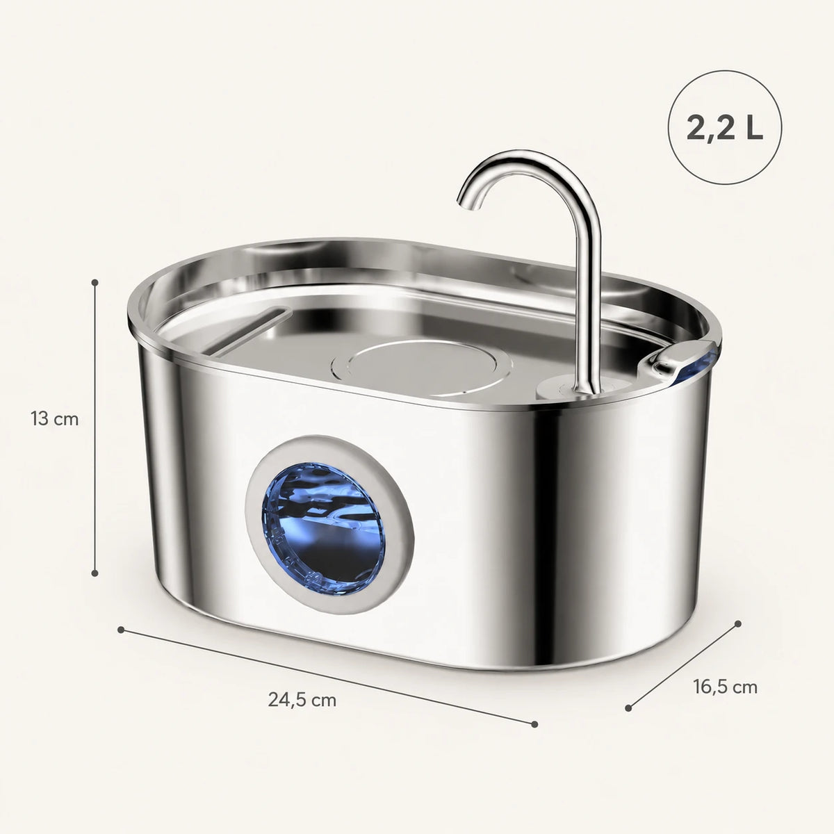 Fontaine inox ovale bec robinet à hublot LED 2,2 L - dimensions et contenance 2,2 L