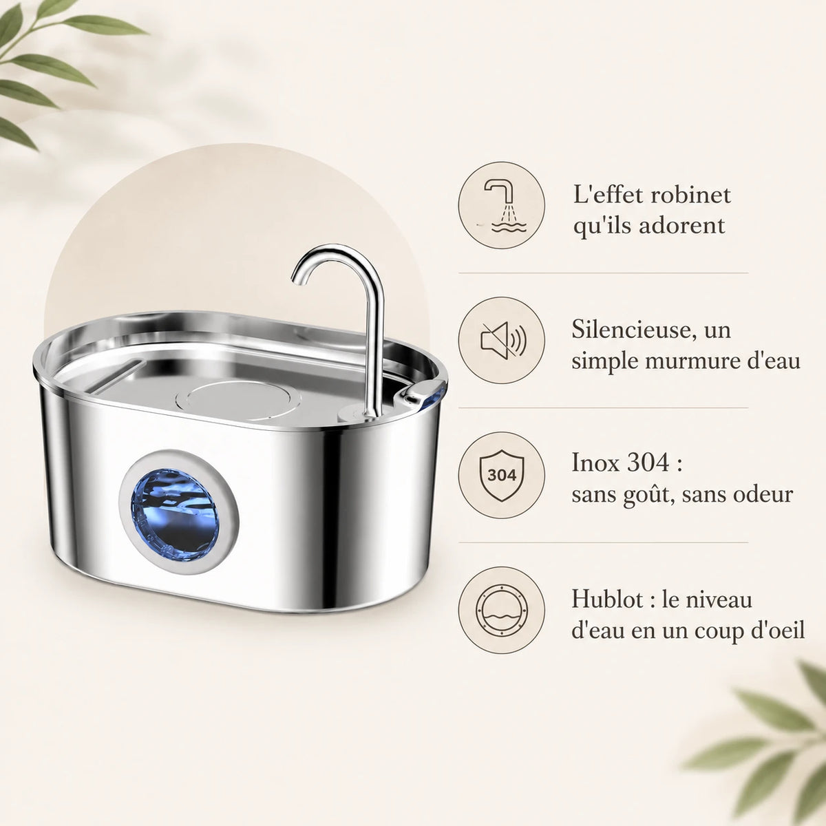 Fontaine inox ovale bec robinet à hublot LED 2,2 L - bénéfices