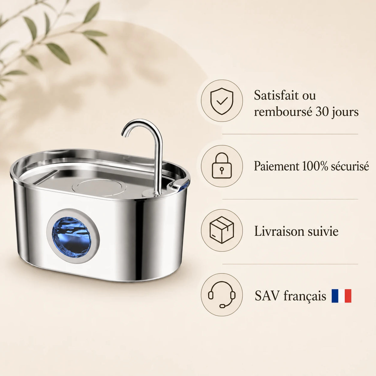 Fontaine inox ovale bec robinet à hublot LED 2,2 L - garanties et SAV français