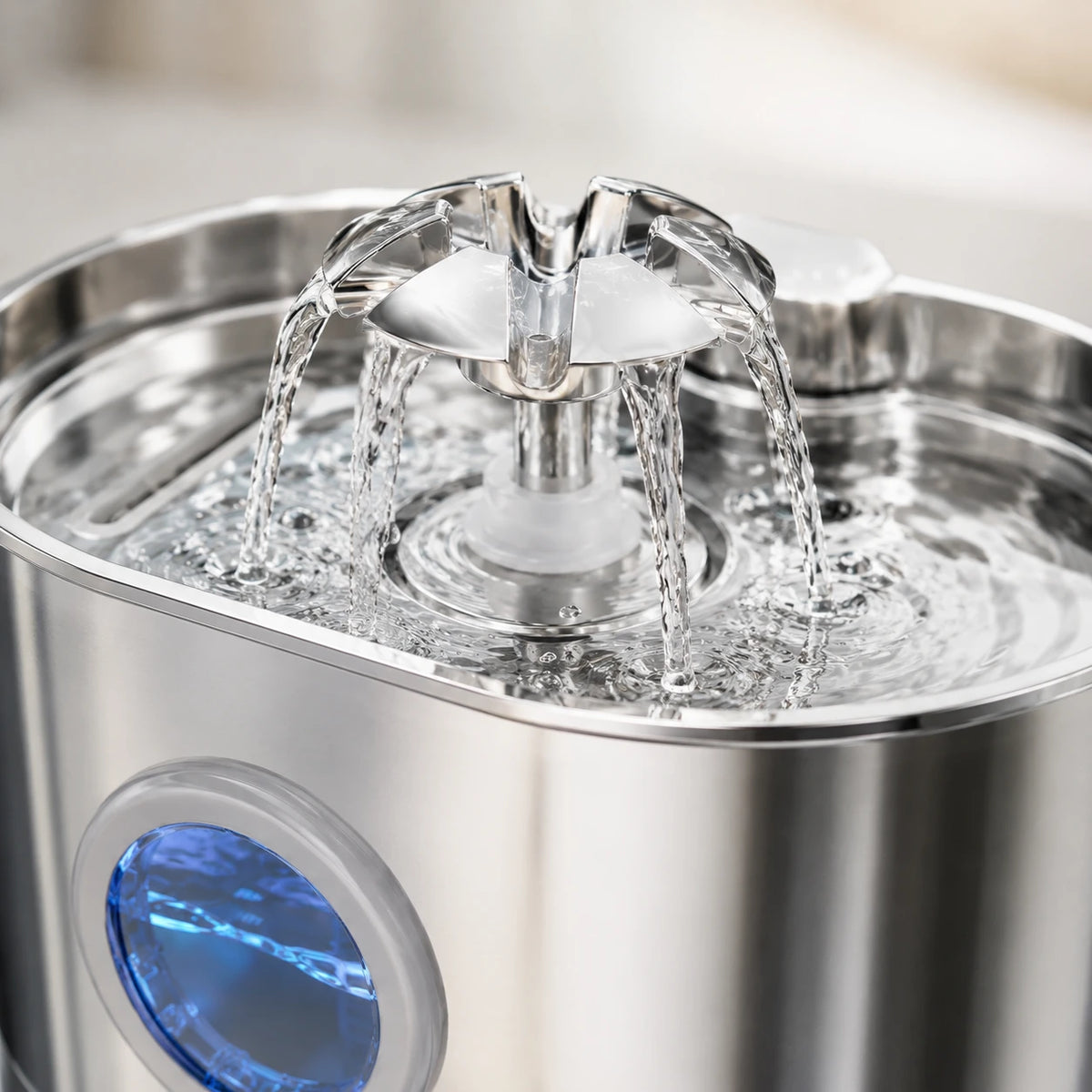 Fontaine inox ovale cascade fleur à hublot LED 2,2 L - cascade fleur en marche