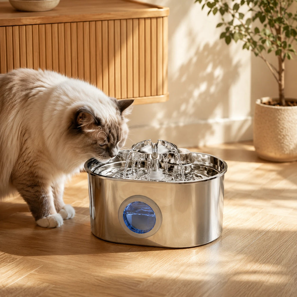Fontaine inox ovale cascade fleur à hublot LED 2,2 L - en situation dans un intérieur