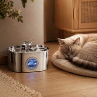 Fontaine inox ovale cascade fleur à hublot LED 2,2 L - silencieuse, chat qui dort