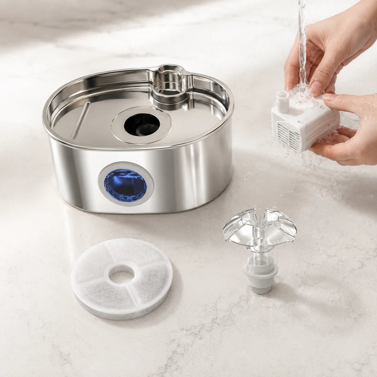 Fontaine inox ovale cascade fleur à hublot LED 2,2 L - entretien facile, démontée
