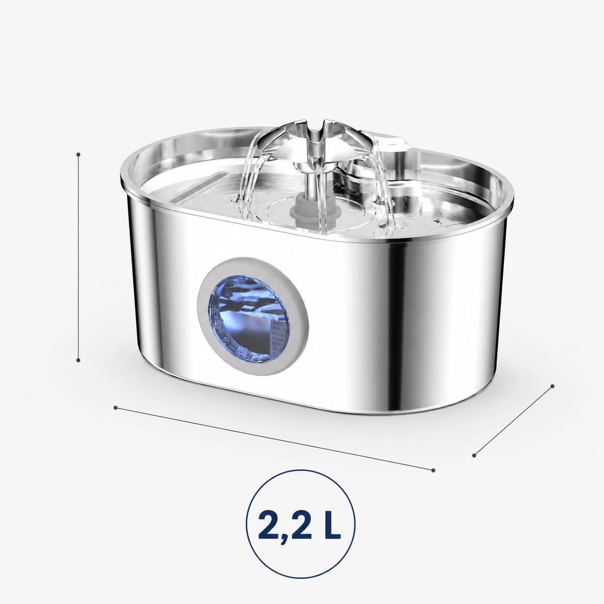 Fontaine inox ovale cascade fleur à hublot LED 2,2 L - dimensions et contenance 2,2 L