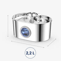 Fontaine inox ovale cascade fleur à hublot LED 2,2 L - dimensions et contenance 2,2 L