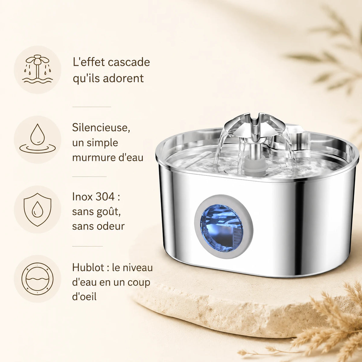 Fontaine inox ovale cascade fleur à hublot LED 2,2 L - bénéfices