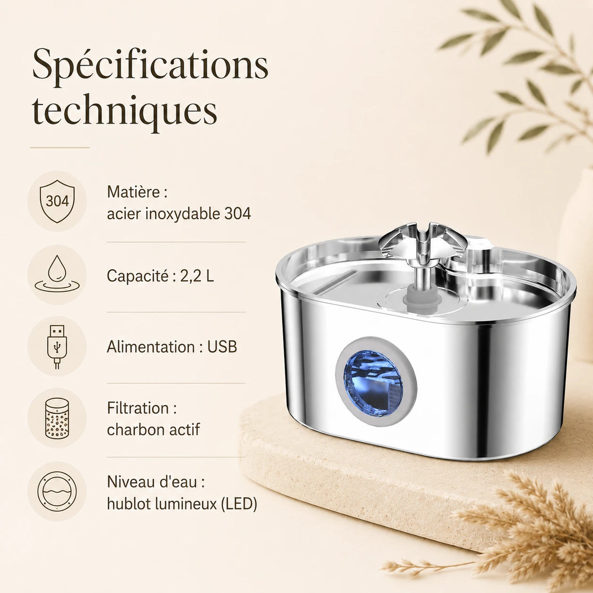 Fontaine inox ovale cascade fleur à hublot LED 2,2 L - caractéristiques techniques