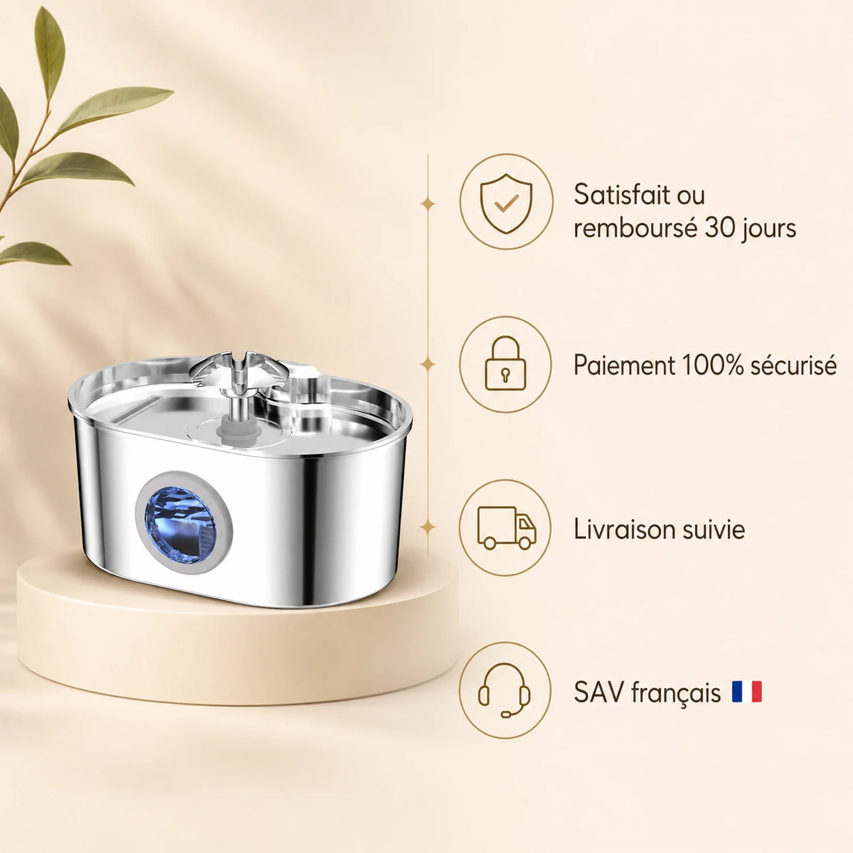 Fontaine inox ovale cascade fleur à hublot LED 2,2 L - garanties et SAV français