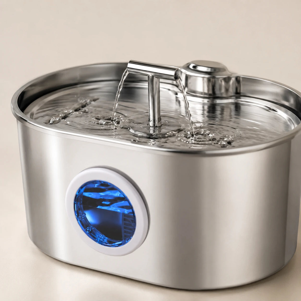 Fontaine inox ovale filet doux à hublot LED 2,2 L - filet d'eau doux en marche