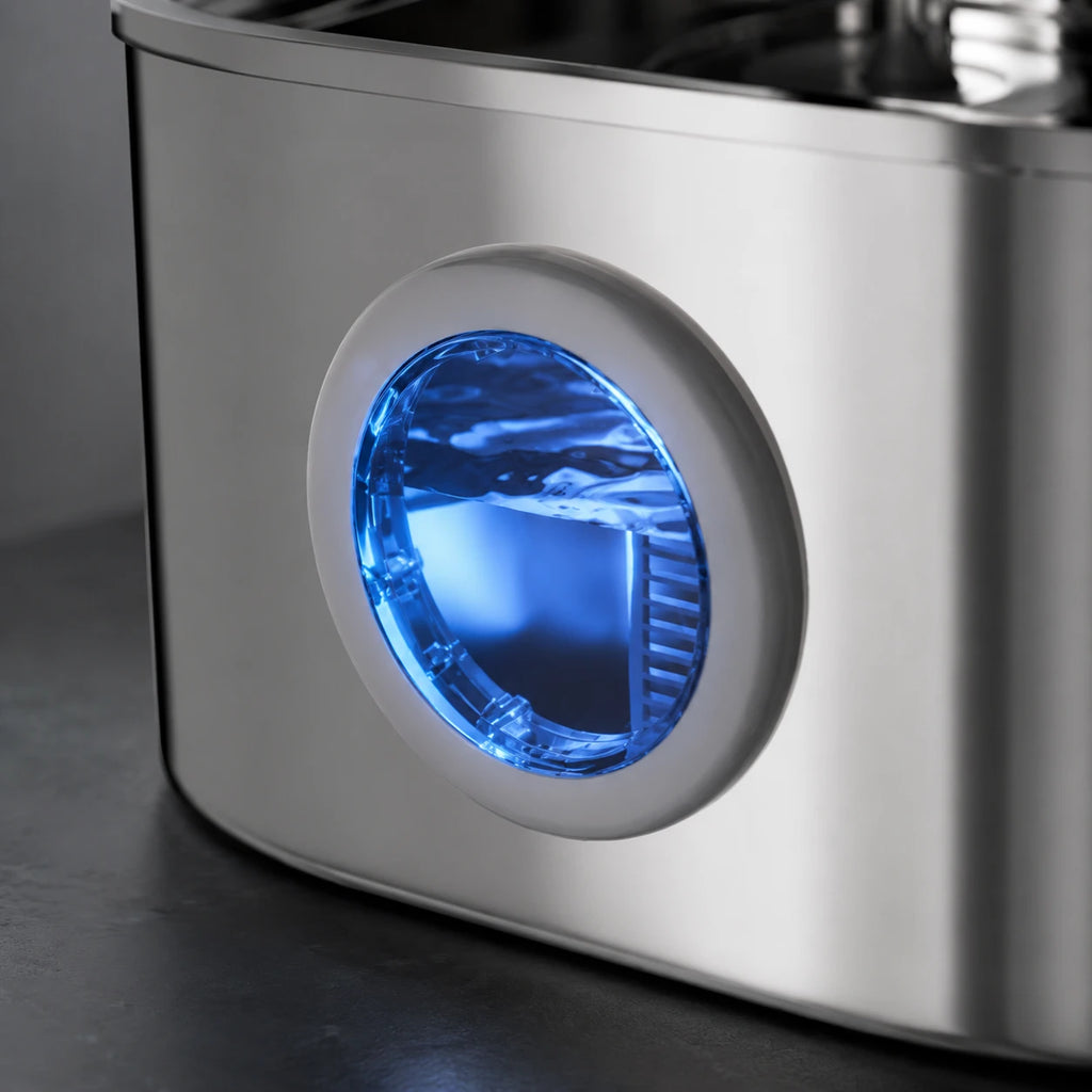 Fontaine inox ovale filet doux à hublot LED 2,2 L - hublot LED niveau d'eau