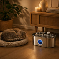 Fontaine inox ovale filet doux à hublot LED 2,2 L - silencieuse, chat qui dort