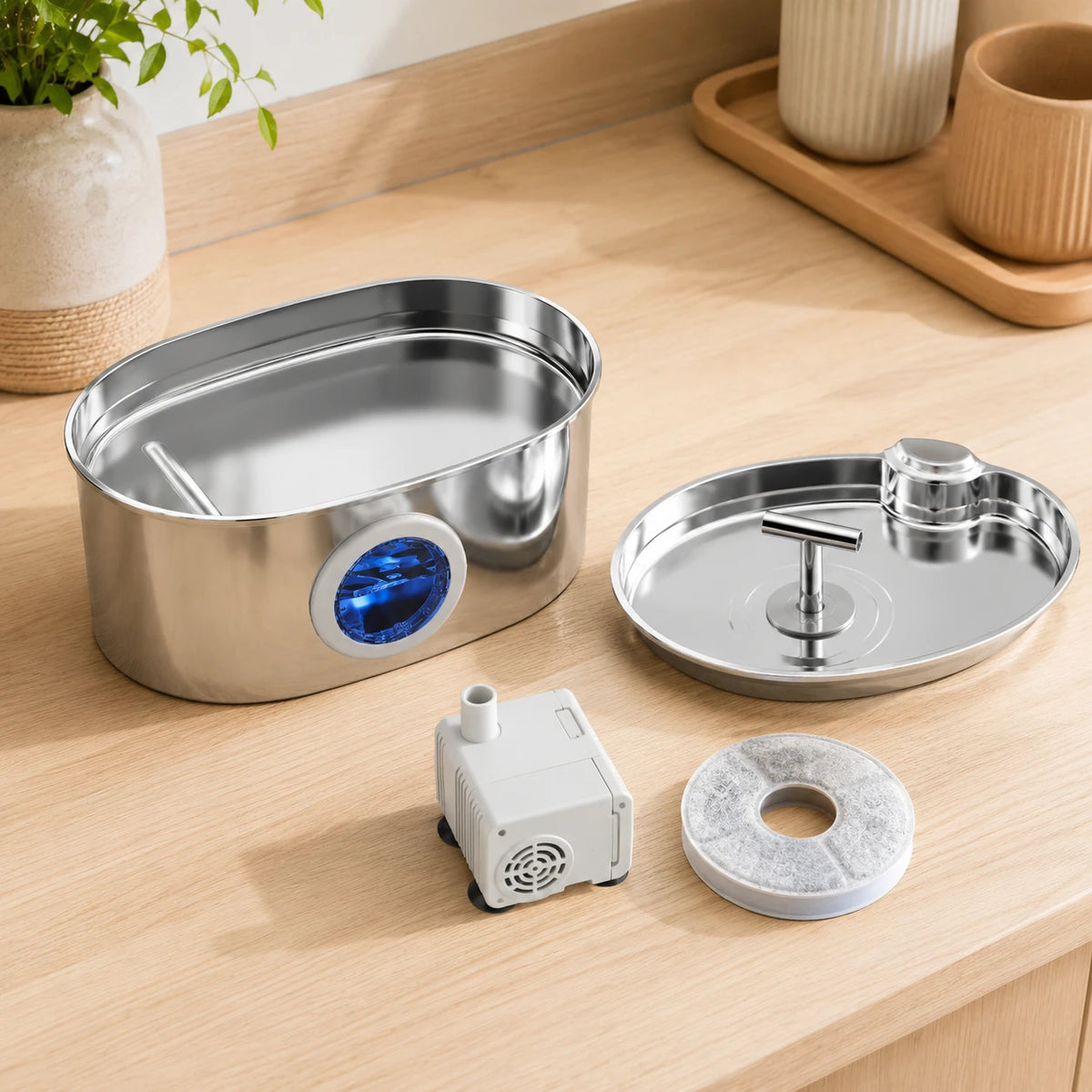Fontaine inox ovale filet doux à hublot LED 2,2 L - entretien facile, démontée