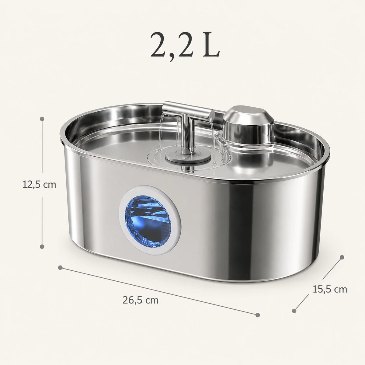 Fontaine inox ovale filet doux à hublot LED 2,2 L - dimensions et contenance 2,2 L