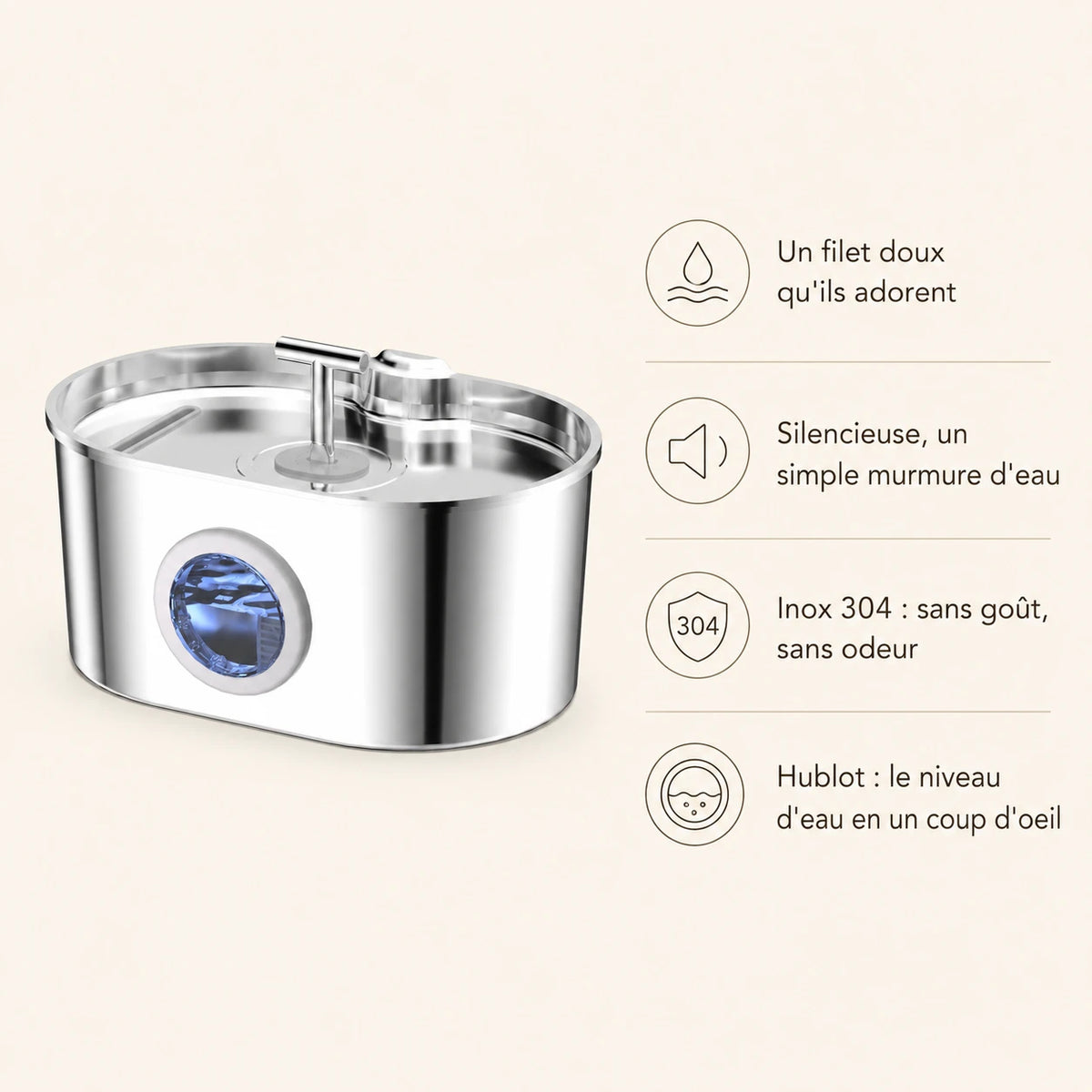 Fontaine inox ovale filet doux à hublot LED 2,2 L - bénéfices Image