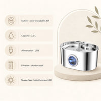 Fontaine inox ovale filet doux à hublot LED 2,2 L - caractéristiques techniques