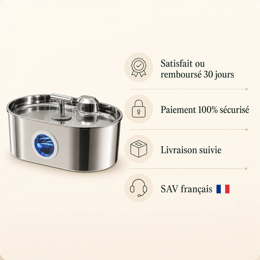 Fontaine inox ovale filet doux à hublot LED 2,2 L - garanties et SAV français