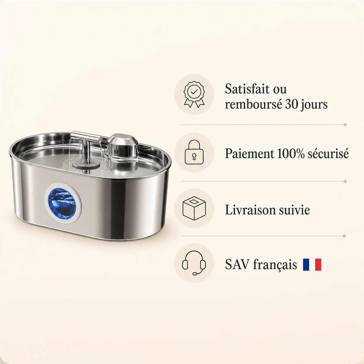 Fontaine inox ovale filet doux à hublot LED 2,2 L - garanties et SAV français