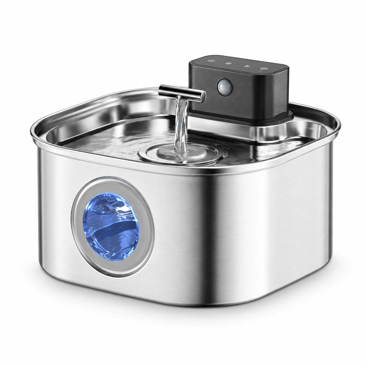 Fontaine à eau pour chat en inox sans fil carrée 3,2 L avec hublot LED et capteur