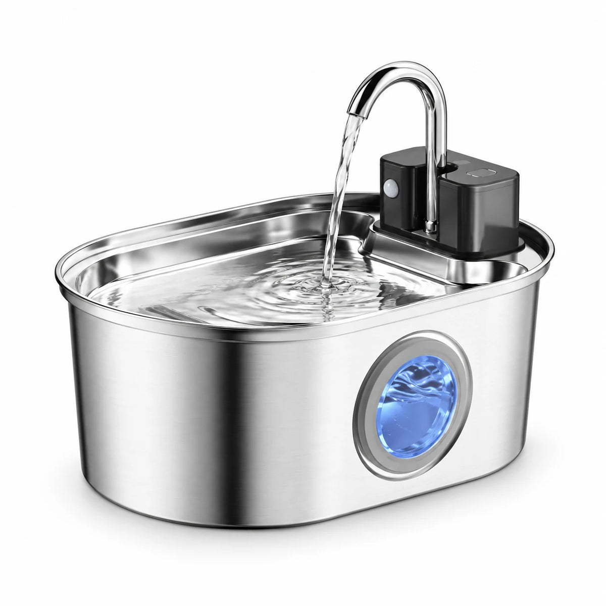 Fontaine à eau pour chat en inox sans fil ovale 3,2 L à bec robinet avec hublot LED