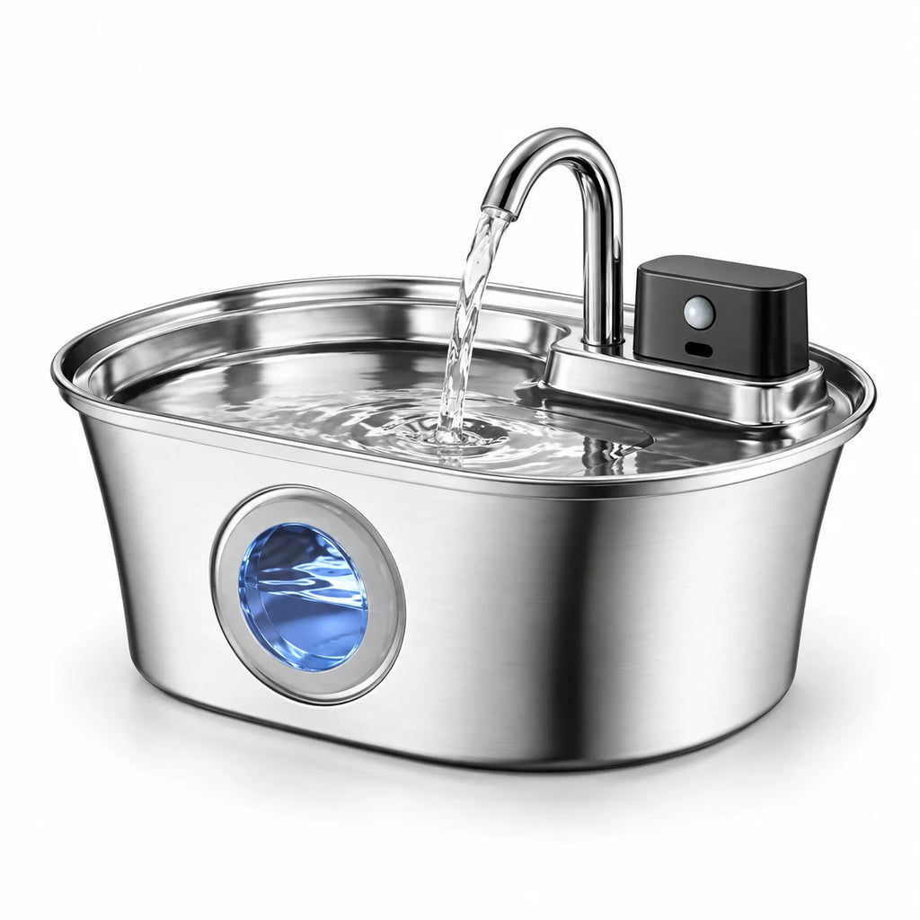Fontaine à eau pour chat en inox sans fil ovale 3,2 L à capteur avec hublot rond LED