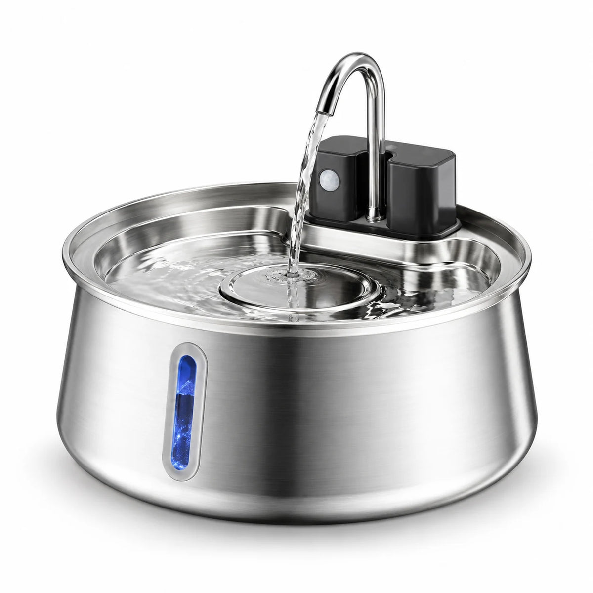 Fontaine à eau pour chat en inox sans fil ronde 3,2 L à bec robinet avec hublot long LED