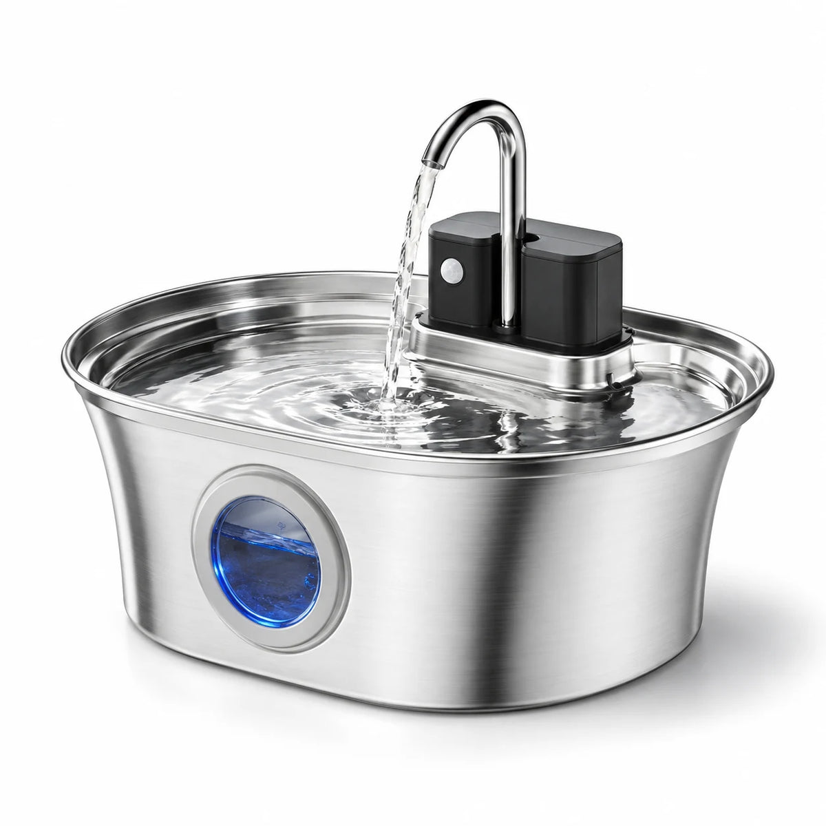 Fontaine à eau pour chat en inox sans fil ronde 3,2 L à bec robinet avec hublot rond LED