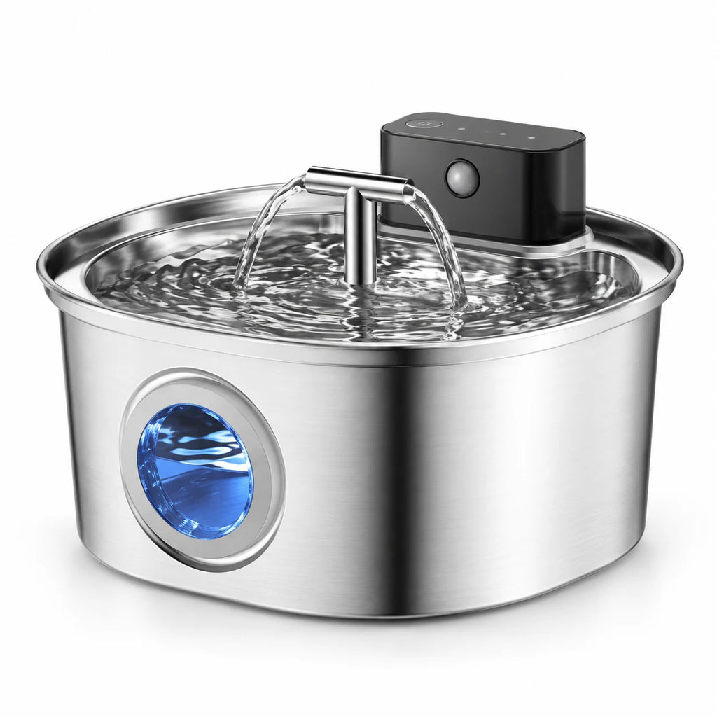 Fontaine à eau pour chat en inox sans fil ronde 3,2 L à double bec en T avec hublot LED