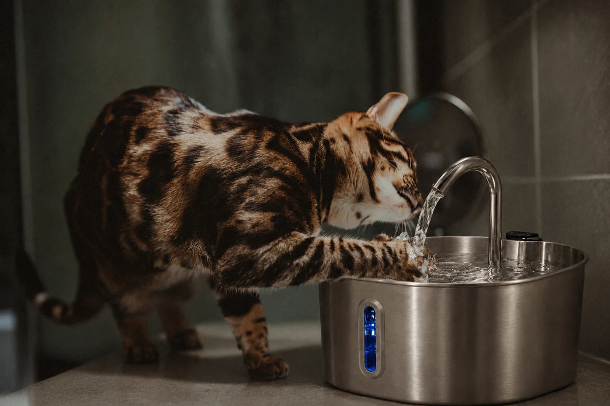 Chat qui boit à la fontaine à eau pour chat en inox bec robinet
