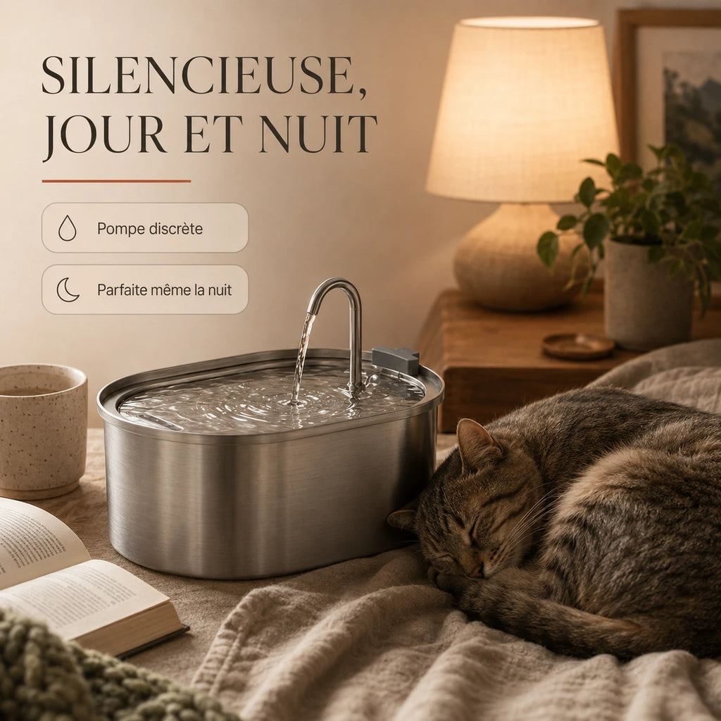 Fontaine silencieuse jour et nuit, pompe discrète