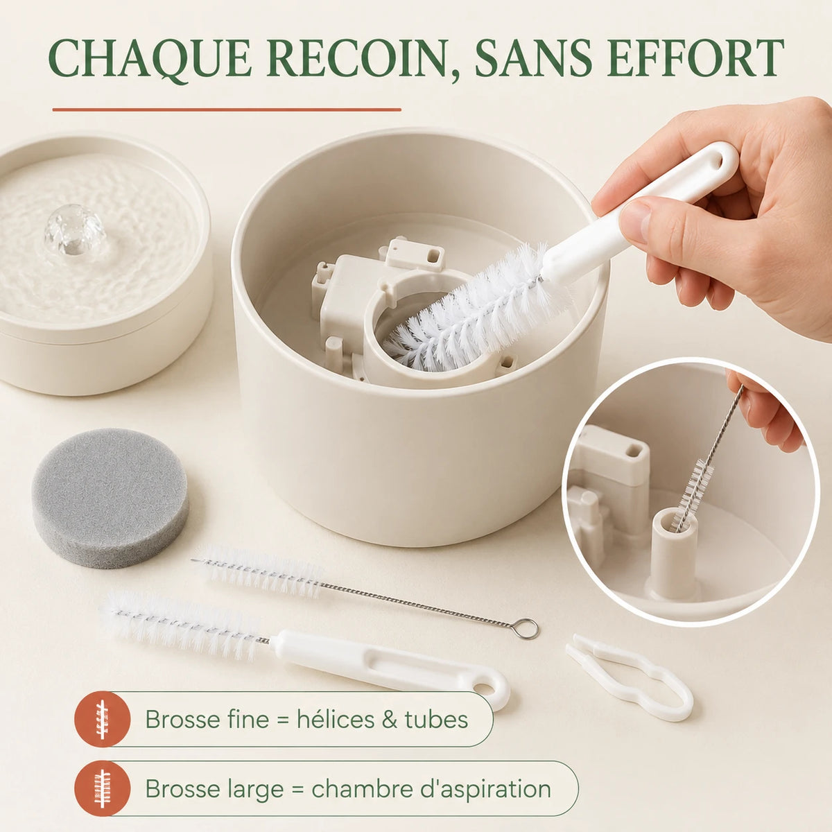 Brosses du kit pour atteindre chaque recoin de la fontaine