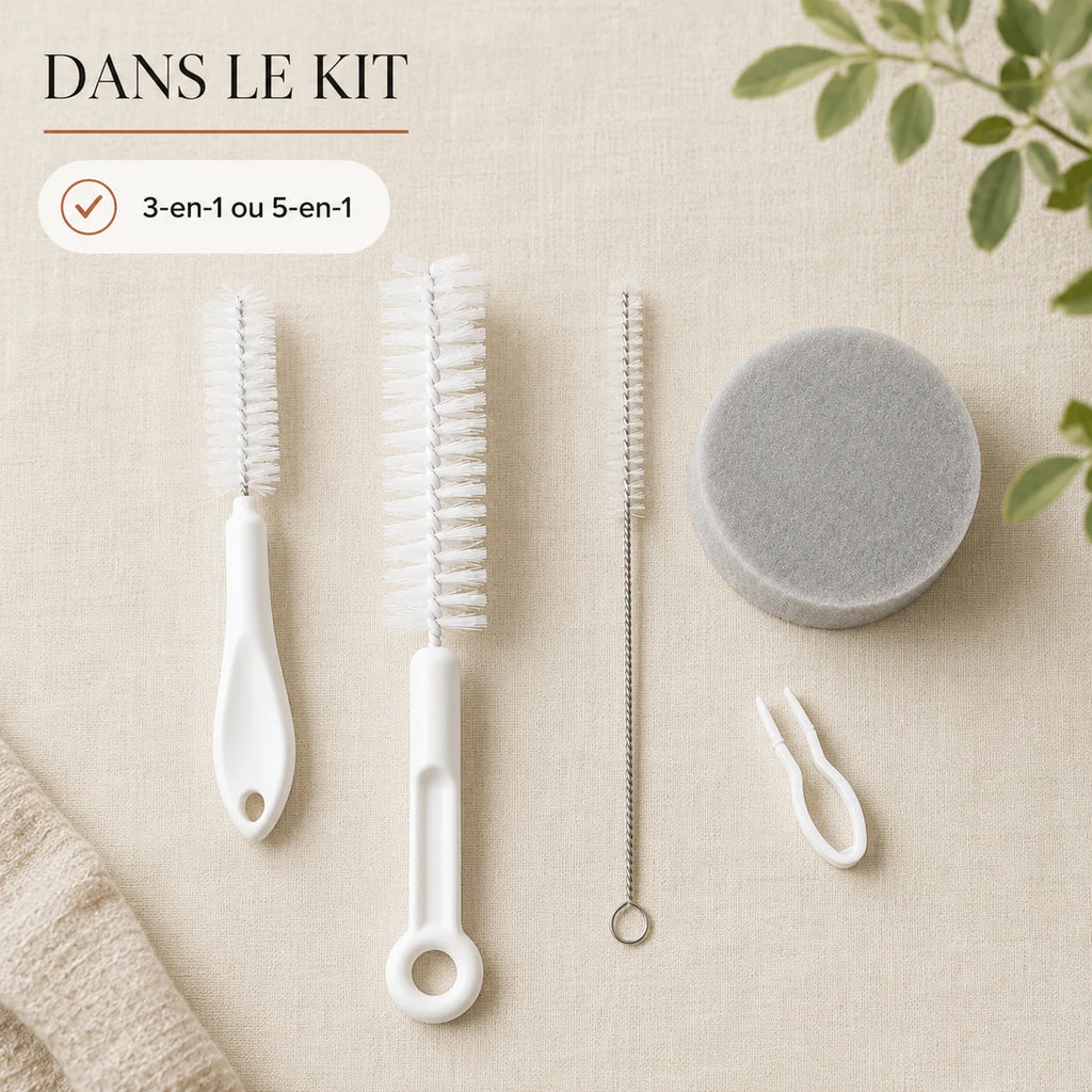 Contenu du kit : brosse fine, brosse large et eponge, 3 ou 5 en 1