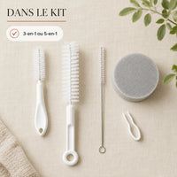 Contenu du kit : brosse fine, brosse large et eponge, 3 ou 5 en 1