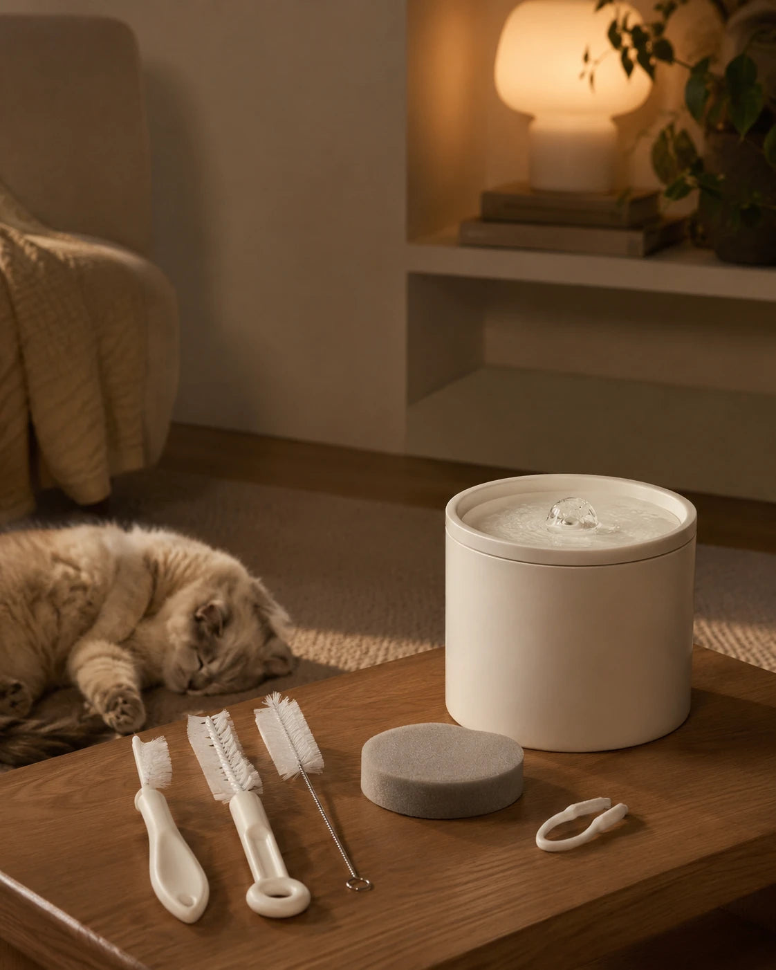 Fontaine a chat propre avec le kit de nettoyage