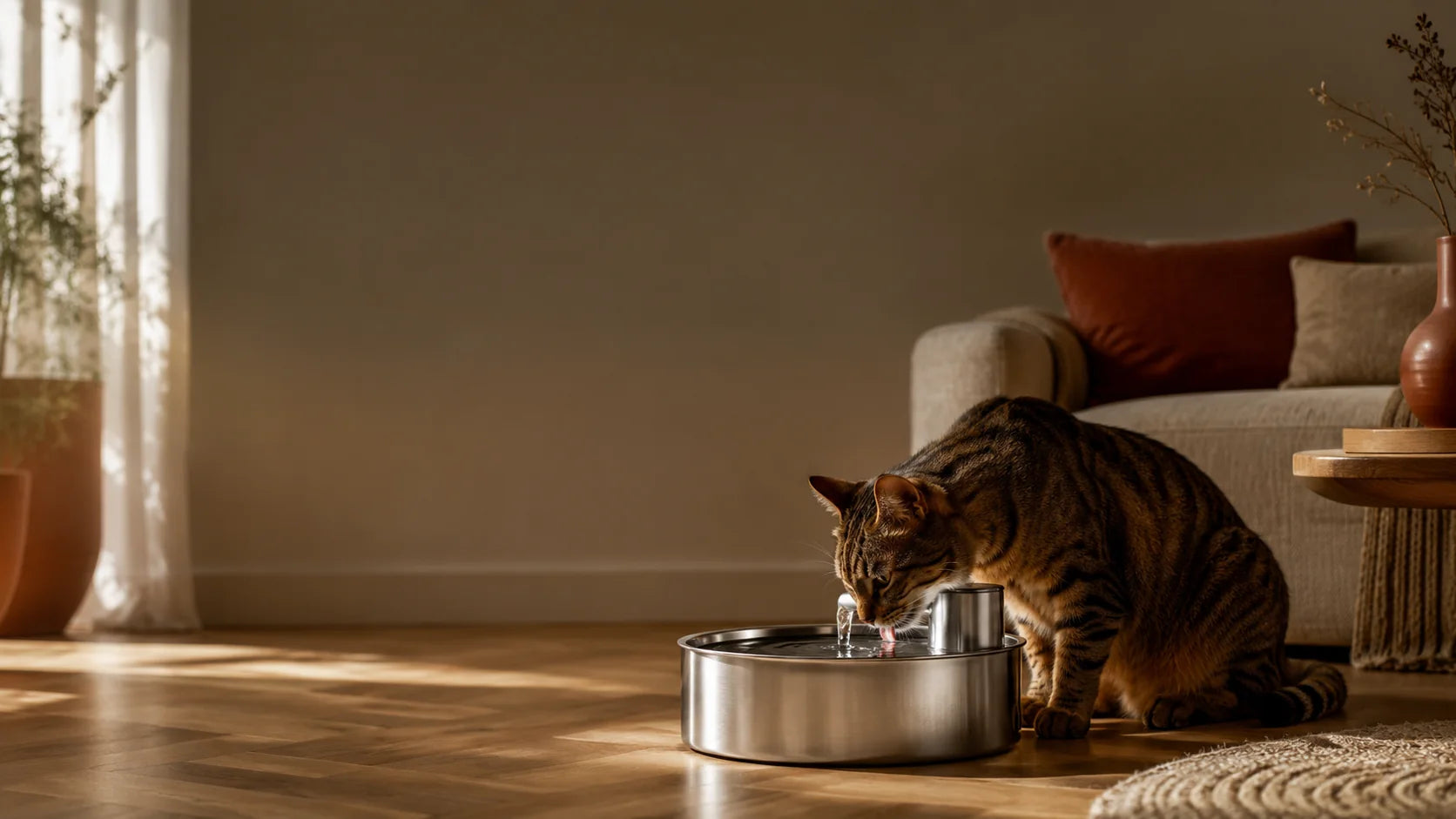 Chat tigré buvant à une fontaine en acier inoxydable dans un salon chaleureux, La Fontaine Chat