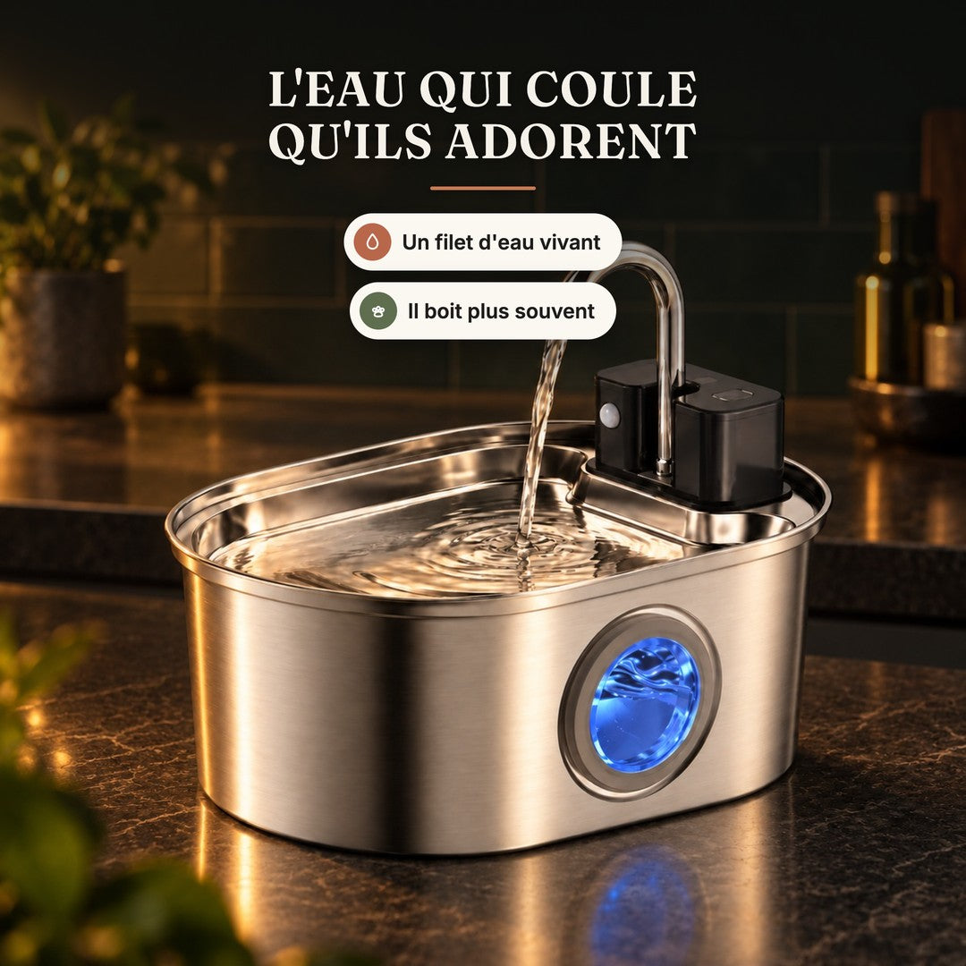 Fontaine à eau pour chat en inox sans fil ovale 3,2 L à bec robinet, l'eau qui coule