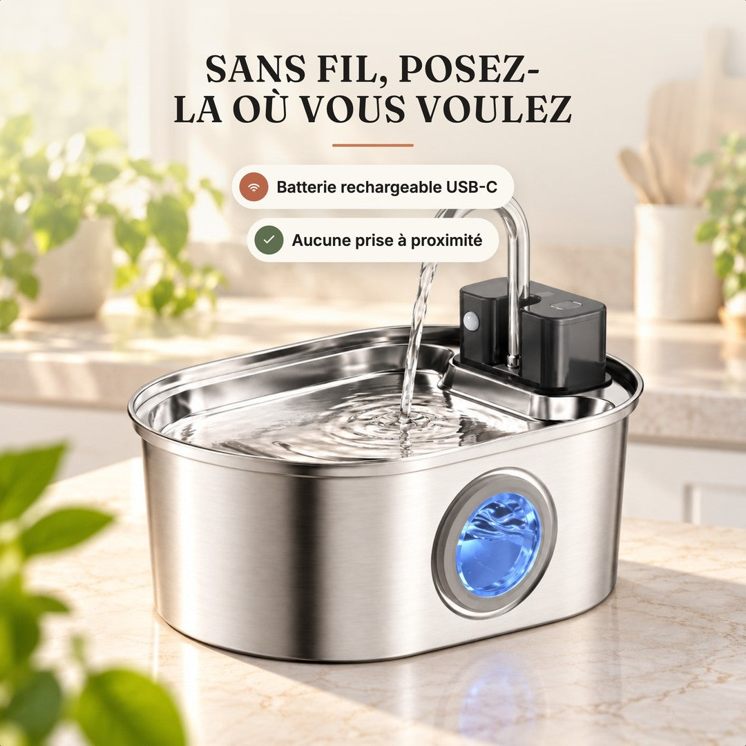 Fontaine chat sans fil rechargeable USB-C ovale 3,2 L, sans prise à proximité