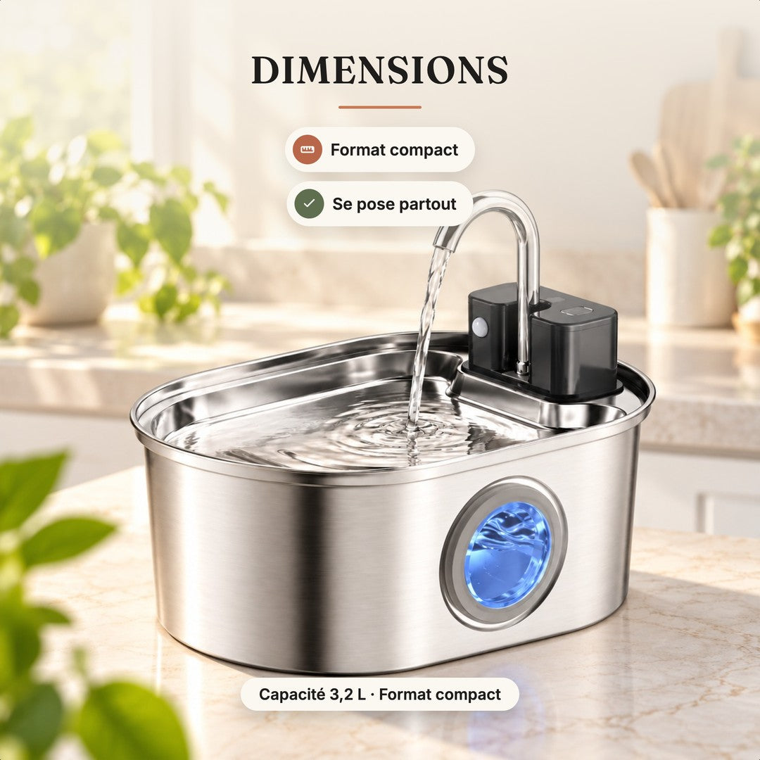 Dimensions de la fontaine à eau pour chat inox ovale 3,2 L à poser contre un mur
