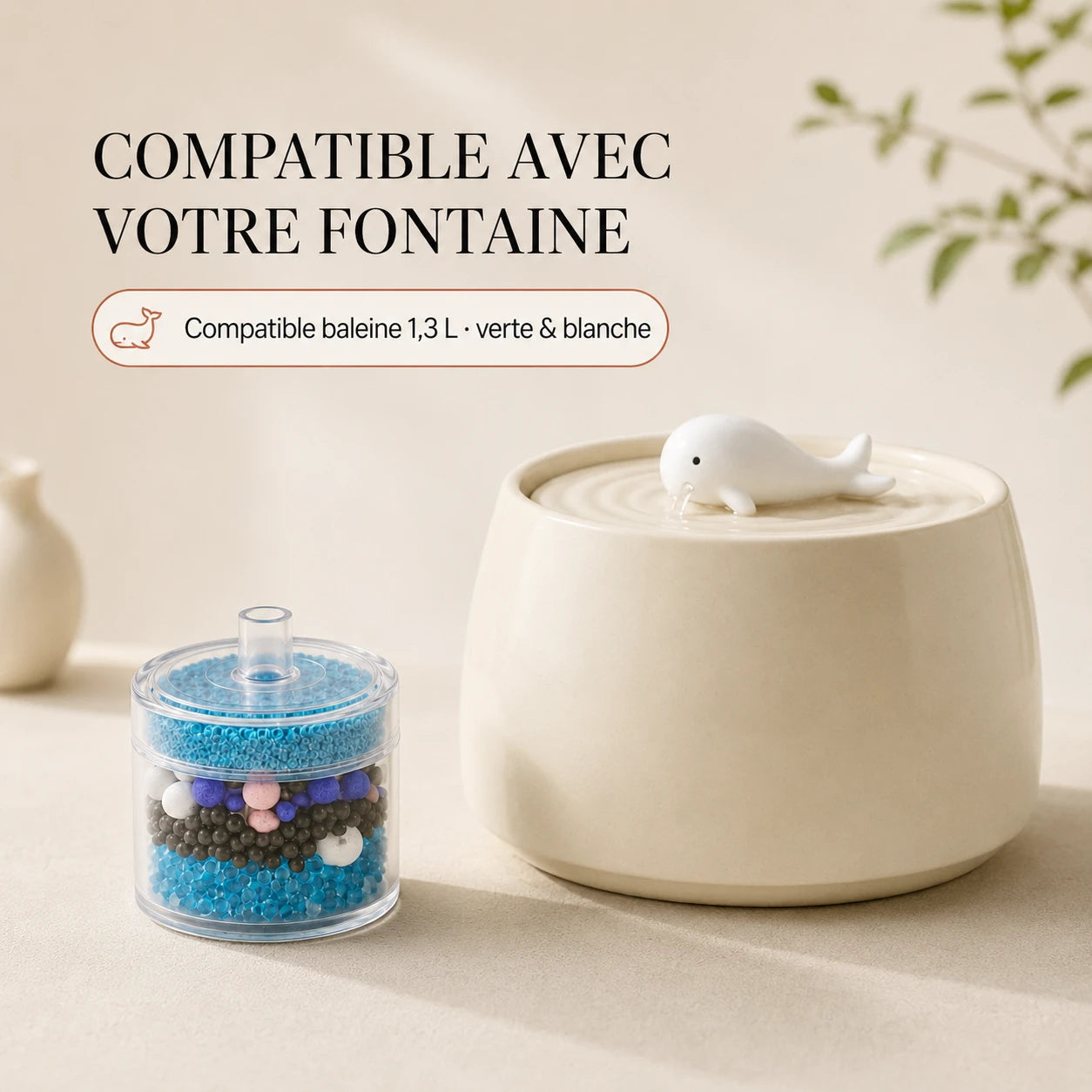 Filtres compatibles fontaine ceramique baleine 1,3 L verte et blanche