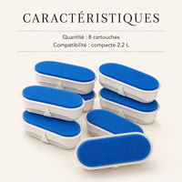 Caracteristiques des filtres fontaine compacte 2,2 L, 8 cartouches