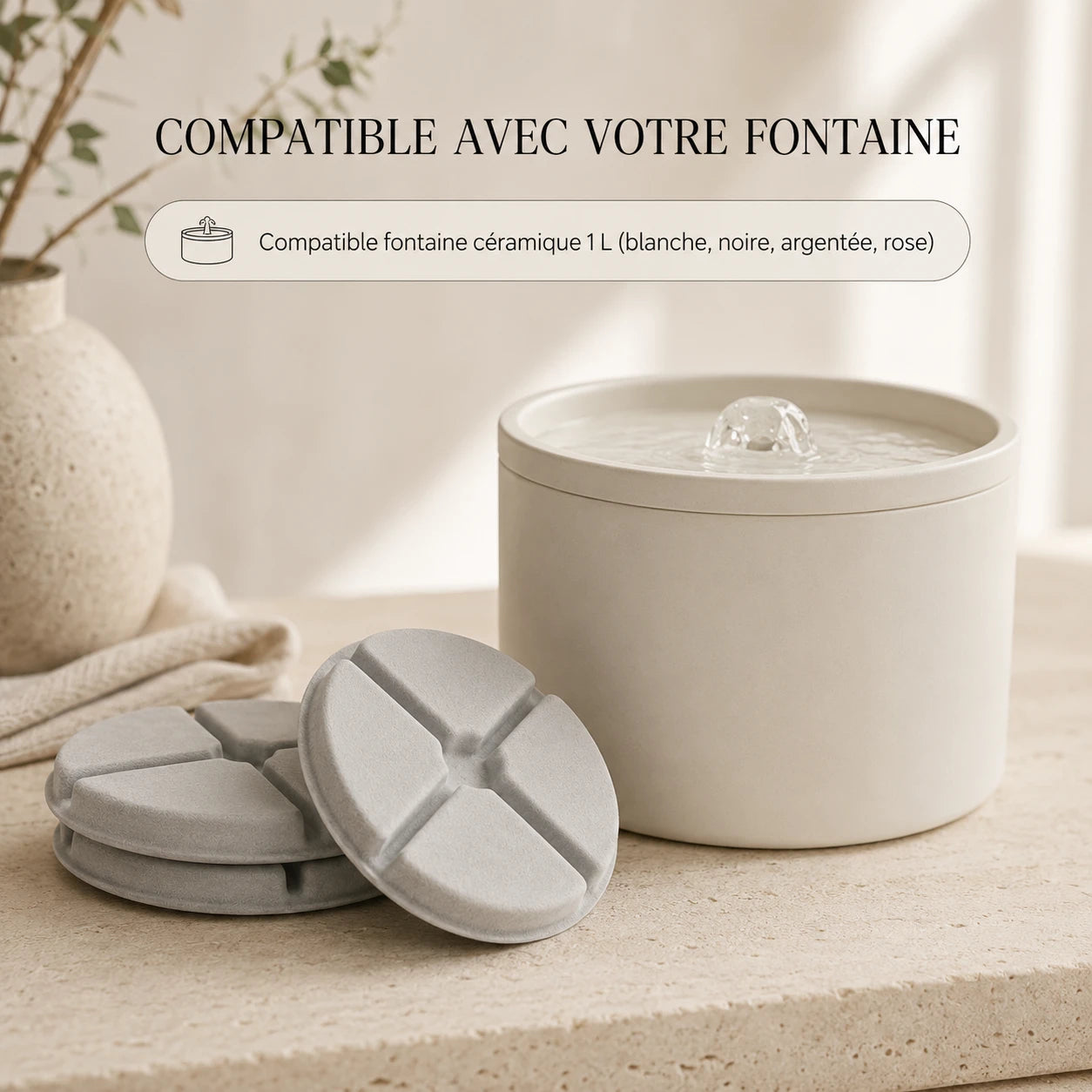 Filtres compatibles fontaine ceramique 1 L blanche noire argentee rose