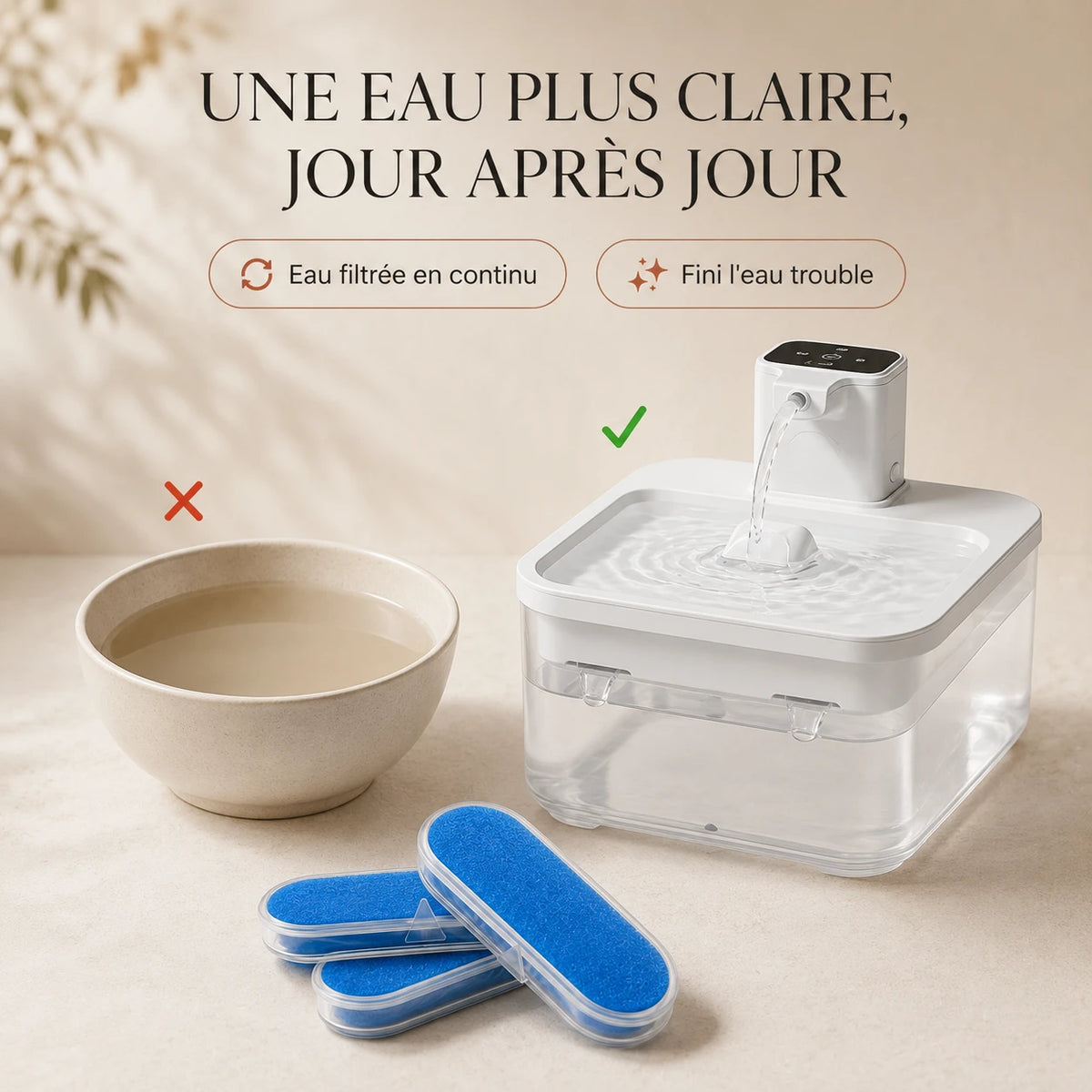 Eau plus claire avec les filtres fontaine DownyPaws 2,5 L