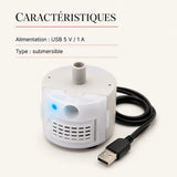 Caracteristiques pompe SMA-800 : USB 5 V / 1 A, submersible