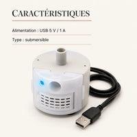 Caracteristiques pompe SMA-800 : USB 5 V / 1 A, submersible