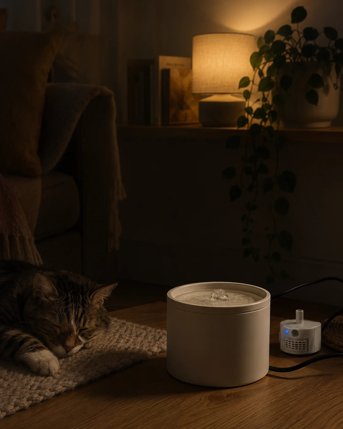 Fontaine a chat avec pompe SMA-800 en soiree