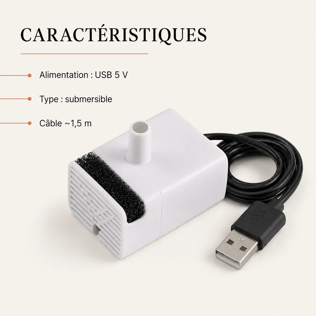 Caracteristiques pompe universelle : USB 5 V, submersible, cable 1,5 m