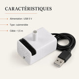 Caracteristiques pompe universelle : USB 5 V, submersible, cable 1,5 m